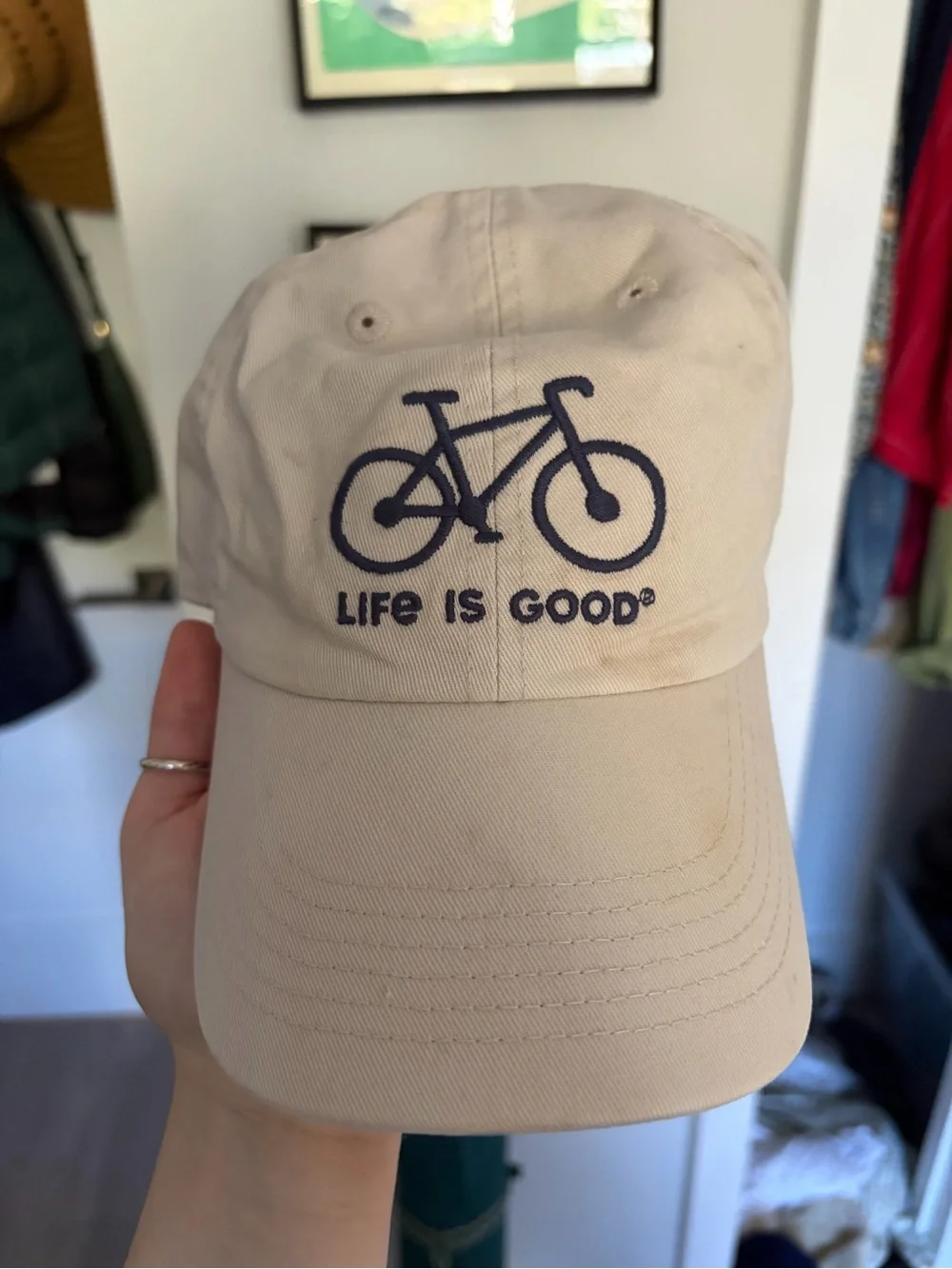 Life Is Good Beige Cap with Navy Bike Embroidery